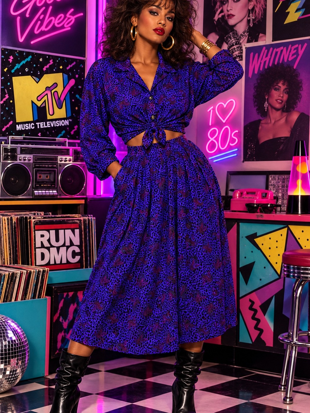 Retro 80s 100% Silk Purple Paisley Print Button Down Top & Pleated Skirt